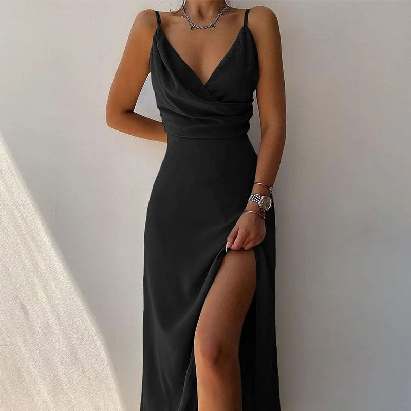 Sling Low Cut High Waist Pleated Maxi Dress
