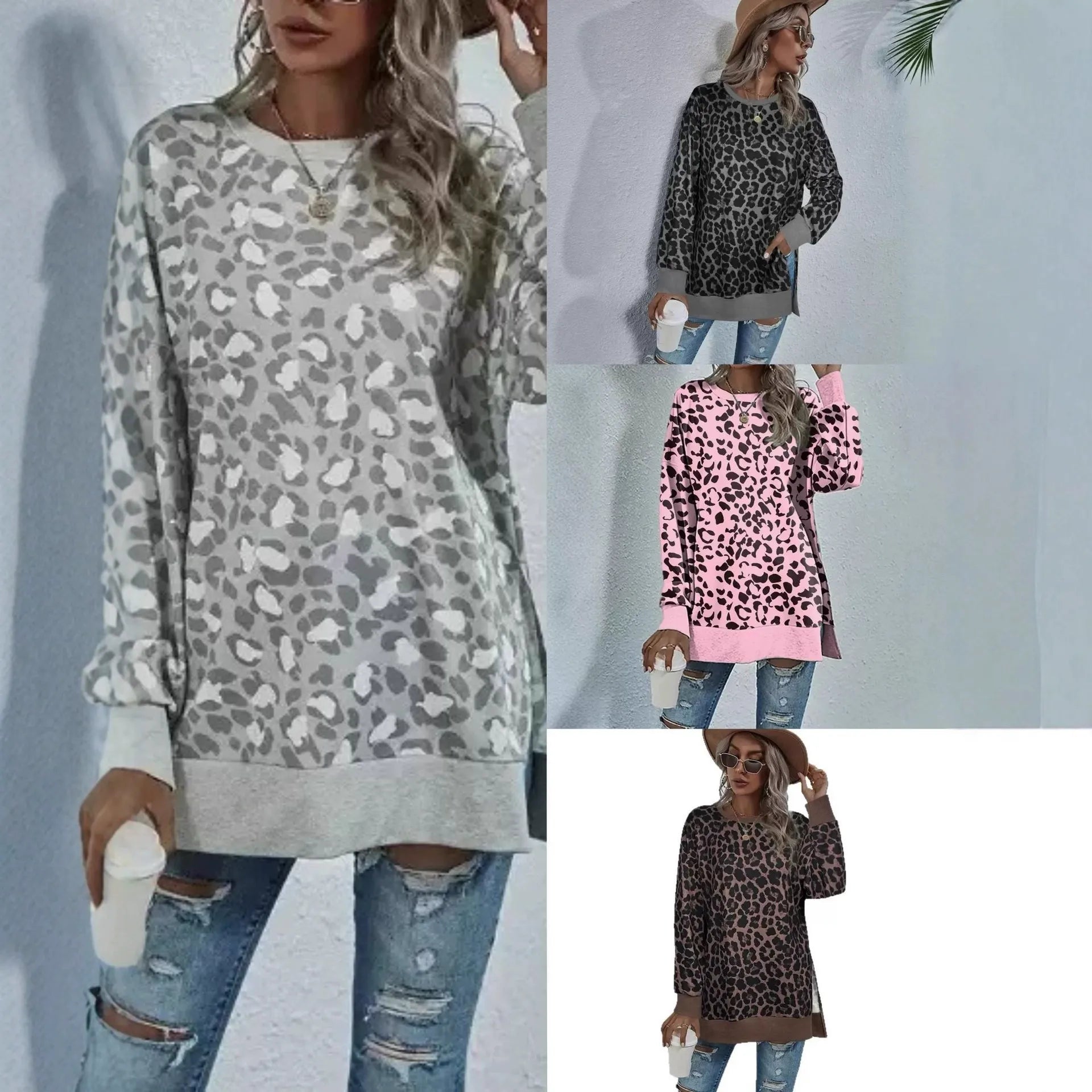 Leopard Print Round Neck Hem Split Top