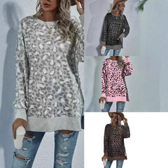 Leopard Print Round Neck Hem Split Top