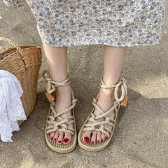 Peep Toe Cross Lace Up Flat Sandals