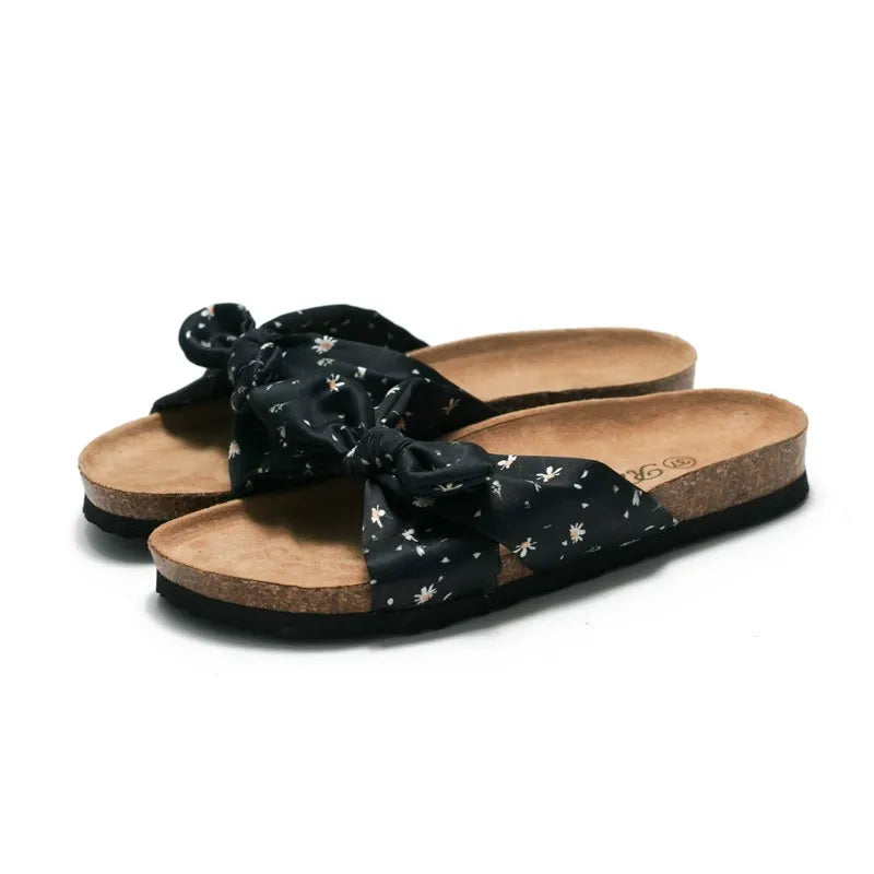 Casual Khaki Beach Slide Sandals Splicing Bow Canvas