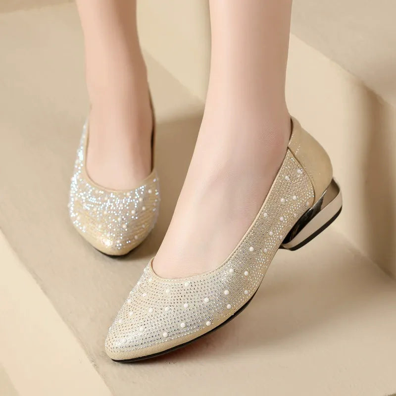 Diamond-studded  matte round-toe flat shoes