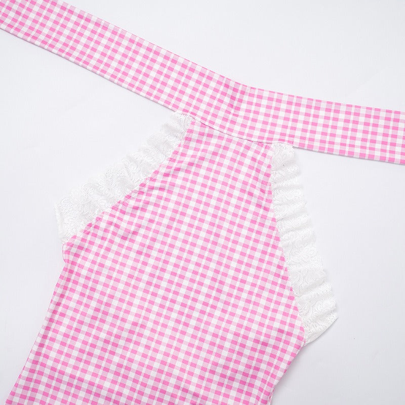 Retro Halterneck Halter Back Plaid Jumpsuit