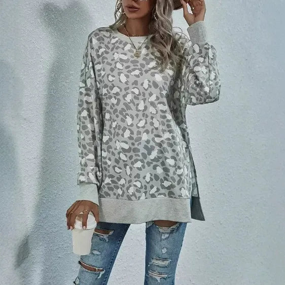 Leopard Print Round Neck Hem Split Top