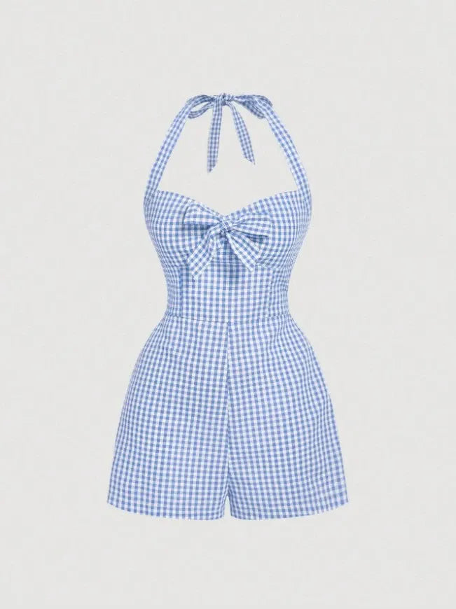Retro Halterneck Halter Back Plaid Jumpsuit