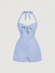 Retro Halterneck Halter Back Plaid Jumpsuit