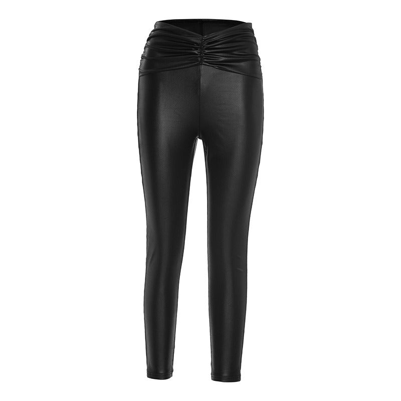 High-Waisted Hip-Lifting Pleated Skinny Long Leather Pants