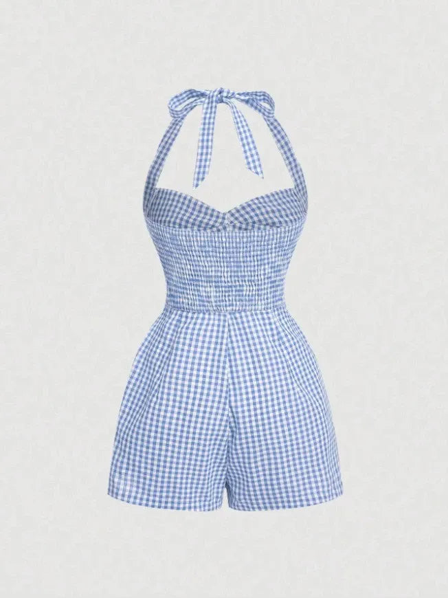 Retro Halterneck Halter Back Plaid Jumpsuit