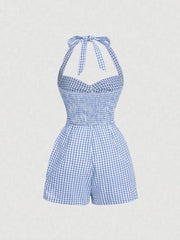Retro Halterneck Halter Back Plaid Jumpsuit