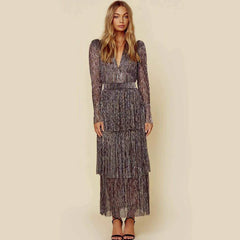Christmas Elegant Sequin Long Sleeve V Neck Midi Dress
