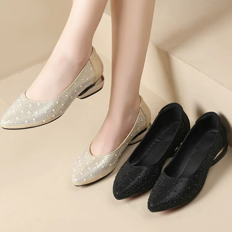 Diamond-studded  matte round-toe flat shoes