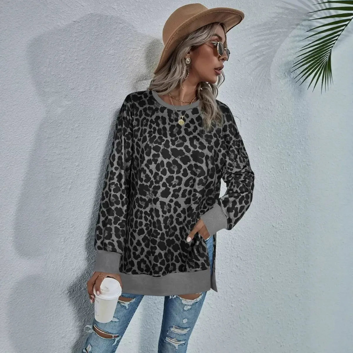 Leopard Print Round Neck Hem Split Top