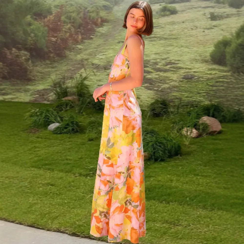 Del Mare Floral Puff Sleeve Front Cutout High Low Maxi Dress
