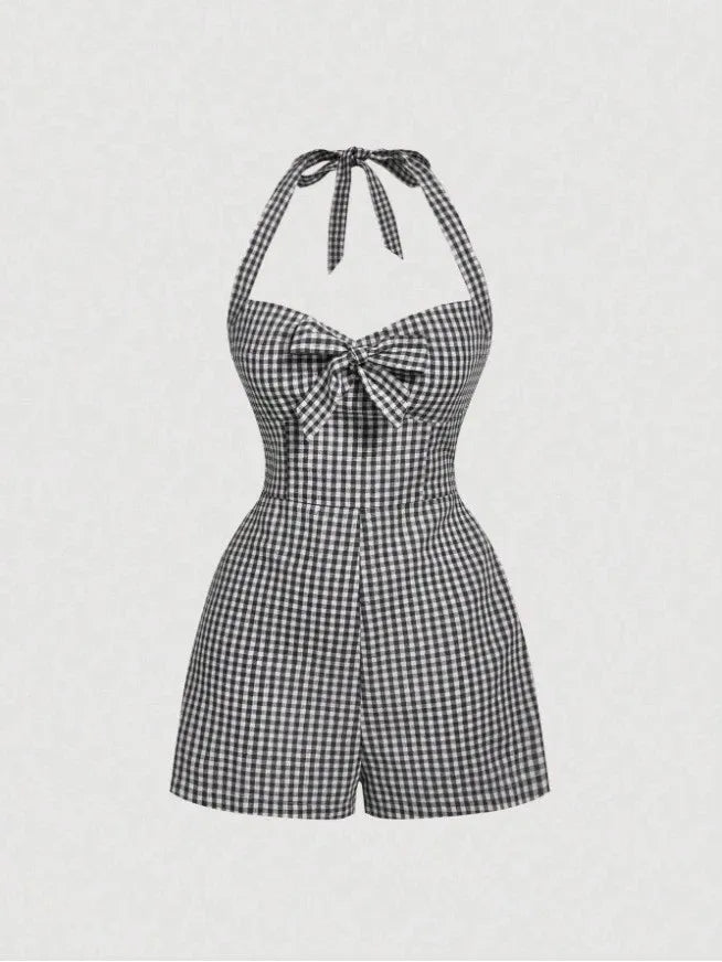 Retro Halterneck Halter Back Plaid Jumpsuit
