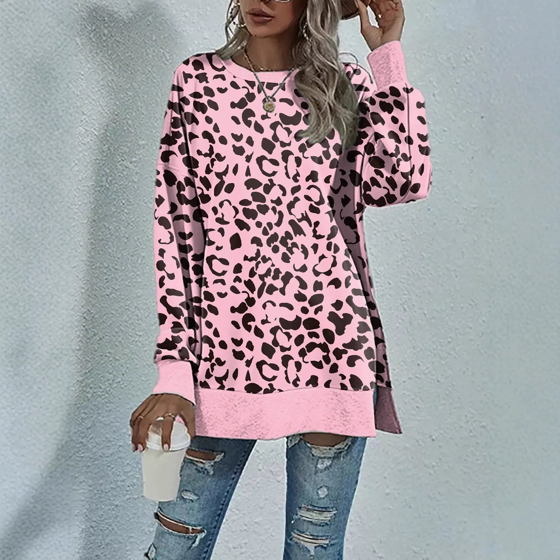 Leopard Print Round Neck Hem Split Top