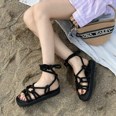 Peep Toe Cross Lace Up Flat Sandals