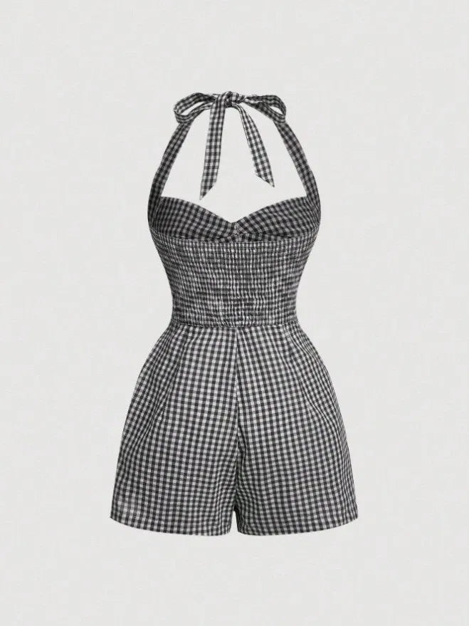 Retro Halterneck Halter Back Plaid Jumpsuit