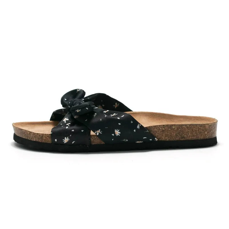 Casual Khaki Beach Slide Sandals Splicing Bow Canvas