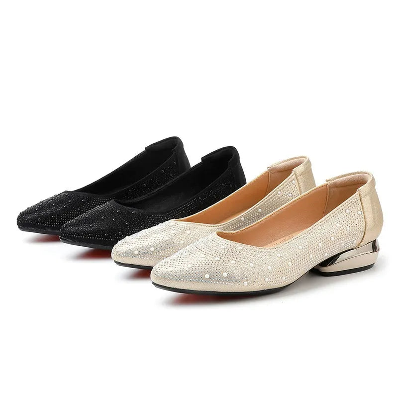 Diamond-studded  matte round-toe flat shoes