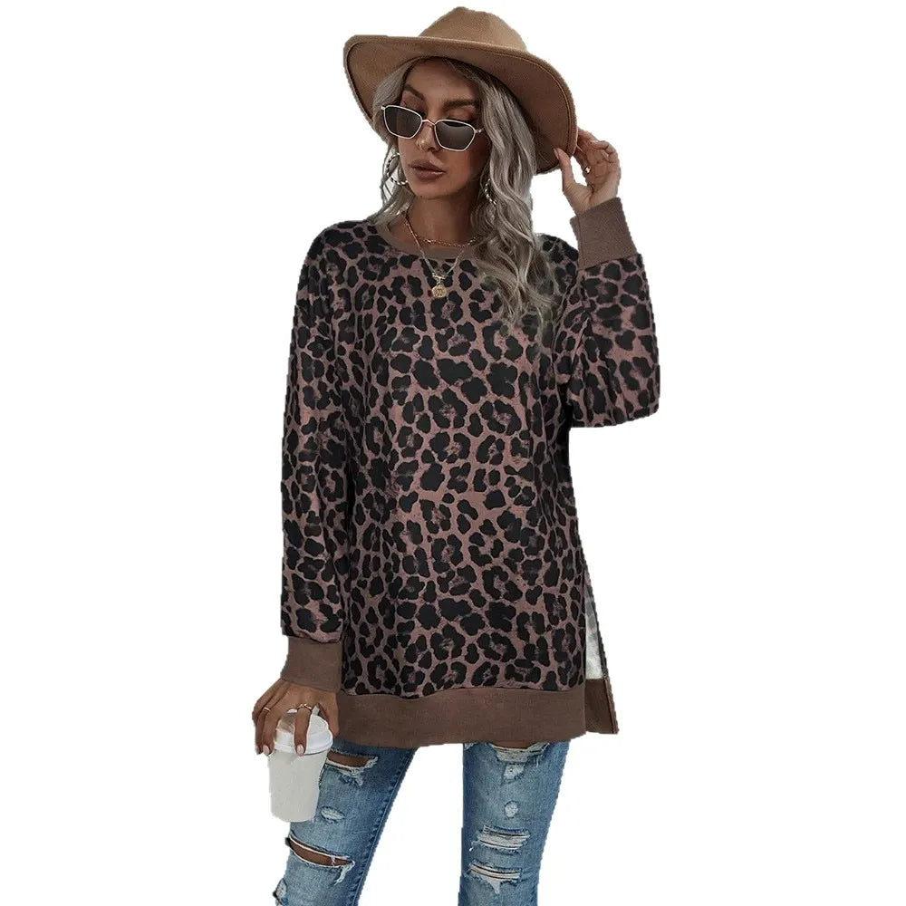 Leopard Print Round Neck Hem Split Top