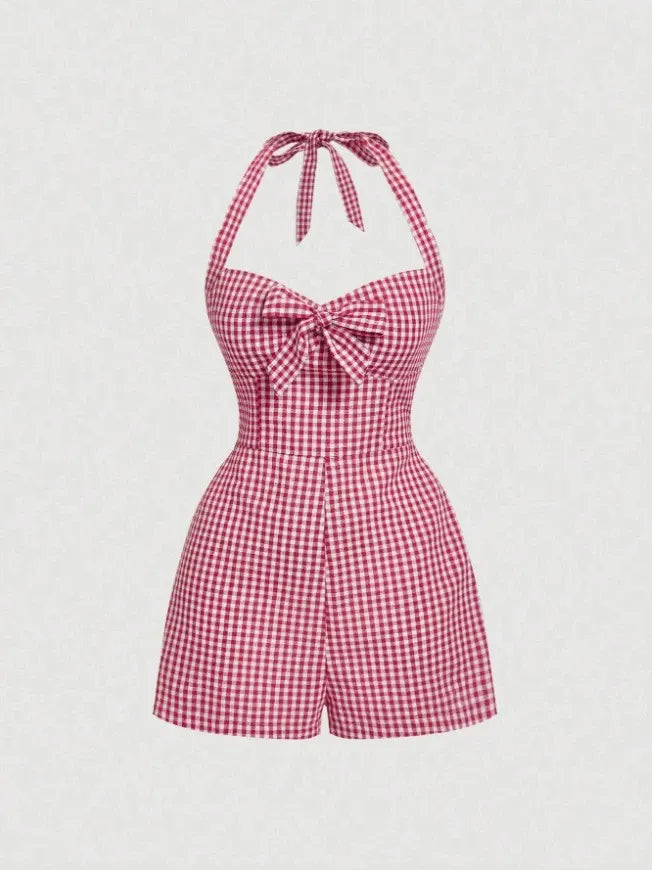 Retro Halterneck Halter Back Plaid Jumpsuit