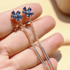 Long Earrings Blue Crystal Rhinestone Flower