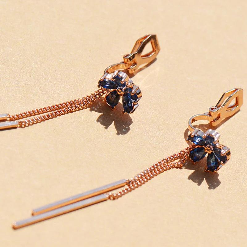 Long Earrings Blue Crystal Rhinestone Flower