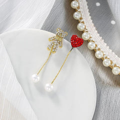 Long Earrings Crystal Heart Bear Pearl