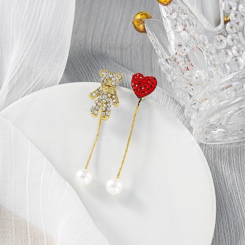 Long Earrings Crystal Heart Bear Pearl