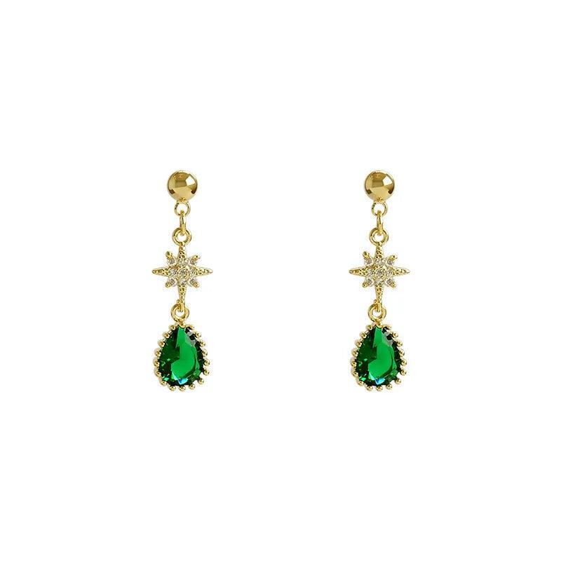 Long Earrings Green Crystal Pattern