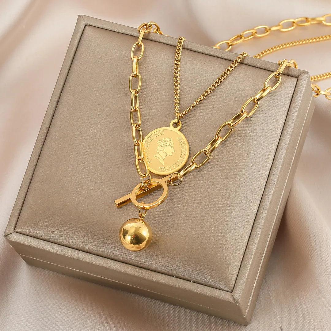 Long Necklaces Double Layers Coin Cross