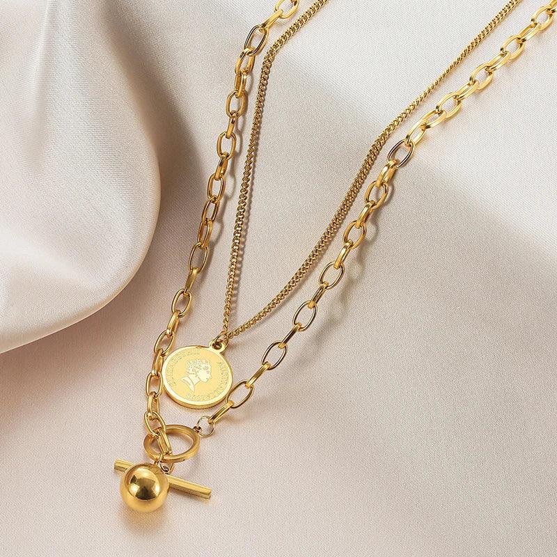 Long Necklaces Double Layers Coin Cross