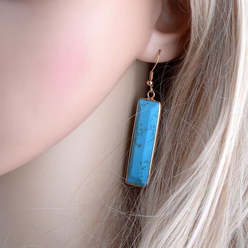 Natural Stone Rectangle Dangle Long Earrings