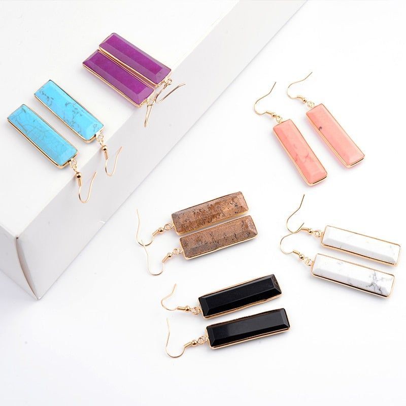 Natural Stone Rectangle Dangle Long Earrings