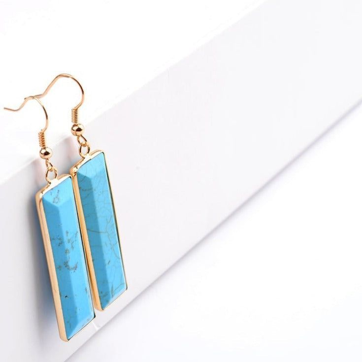 Natural Stone Rectangle Dangle Long Earrings