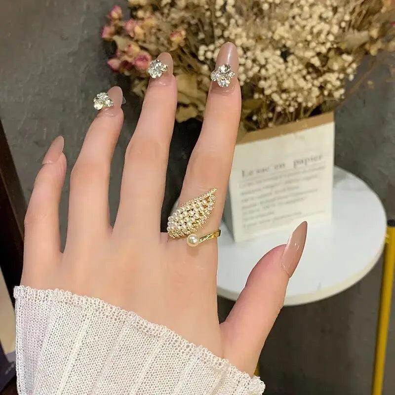 Pearl Zircon Wing Shape Opening Finger Rings