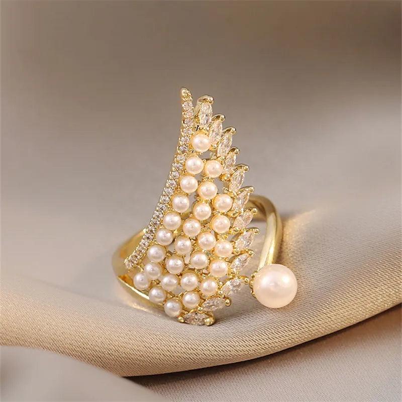 Pearl Zircon Wing Shape Opening Finger Rings