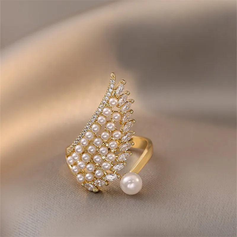 Pearl Zircon Wing Shape Opening Finger Rings