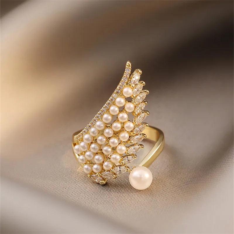 Pearl Zircon Wing Shape Opening Finger Rings