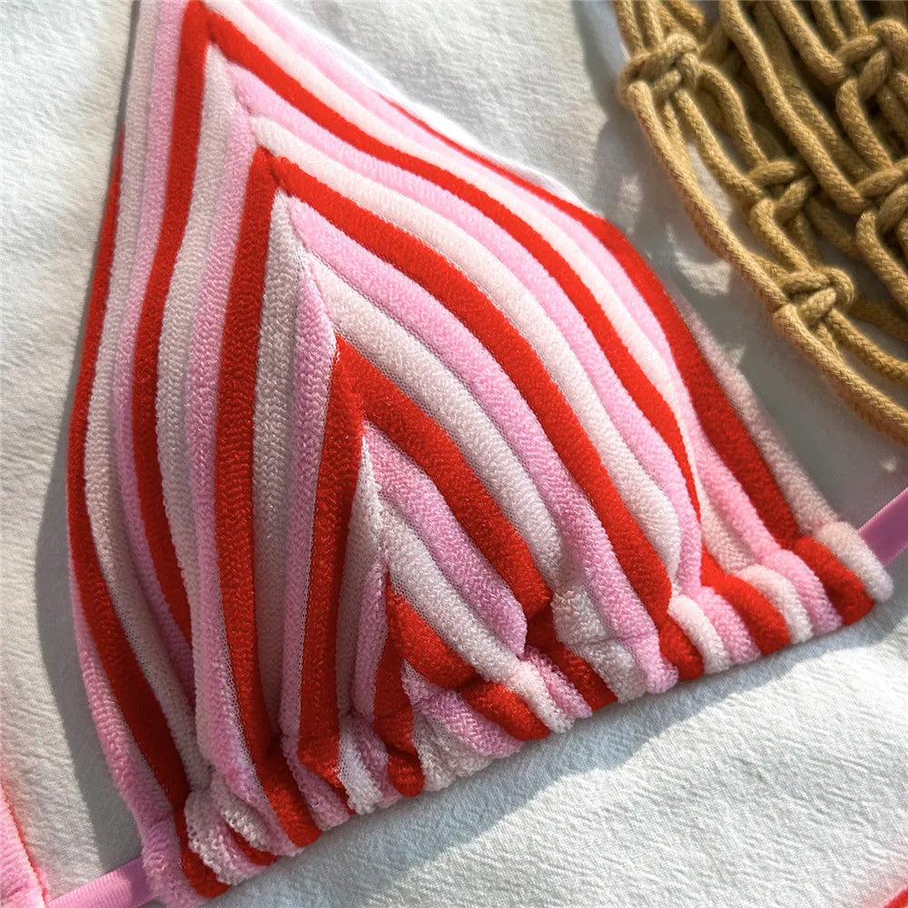 pink striped Print shorts bottoms Swimwear Halter String Triangle Bikinis Sets