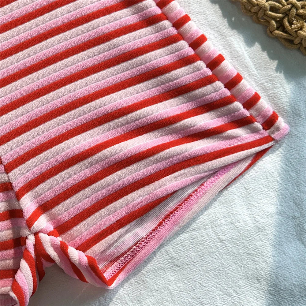 pink striped Print shorts bottoms Swimwear Halter String Triangle Bikinis Sets