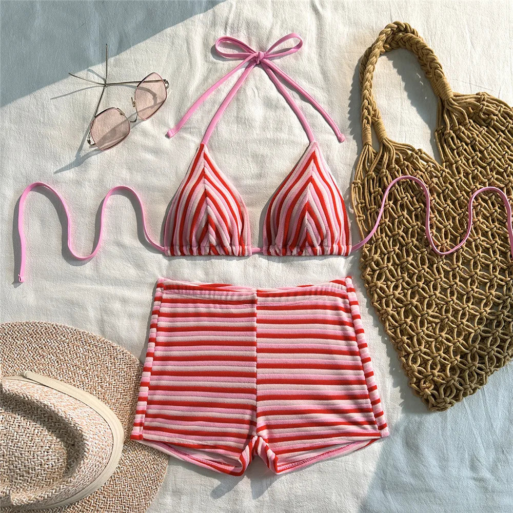 pink striped Print shorts bottoms Swimwear Halter String Triangle Bikinis Sets