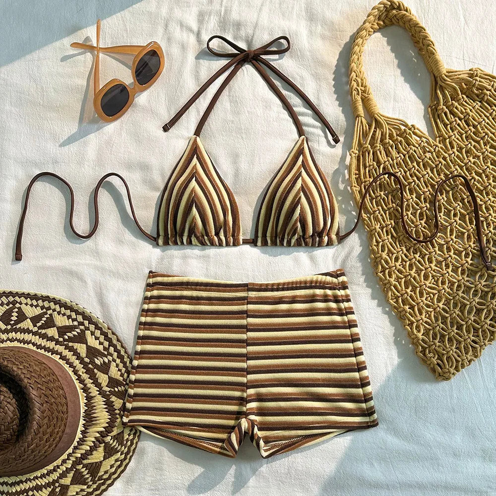 pink striped Print shorts bottoms Swimwear Halter String Triangle Bikinis Sets