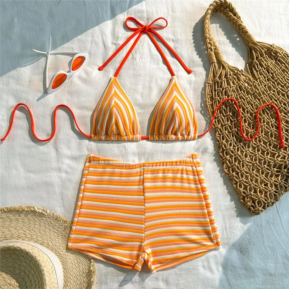 pink striped Print shorts bottoms Swimwear Halter String Triangle Bikinis Sets