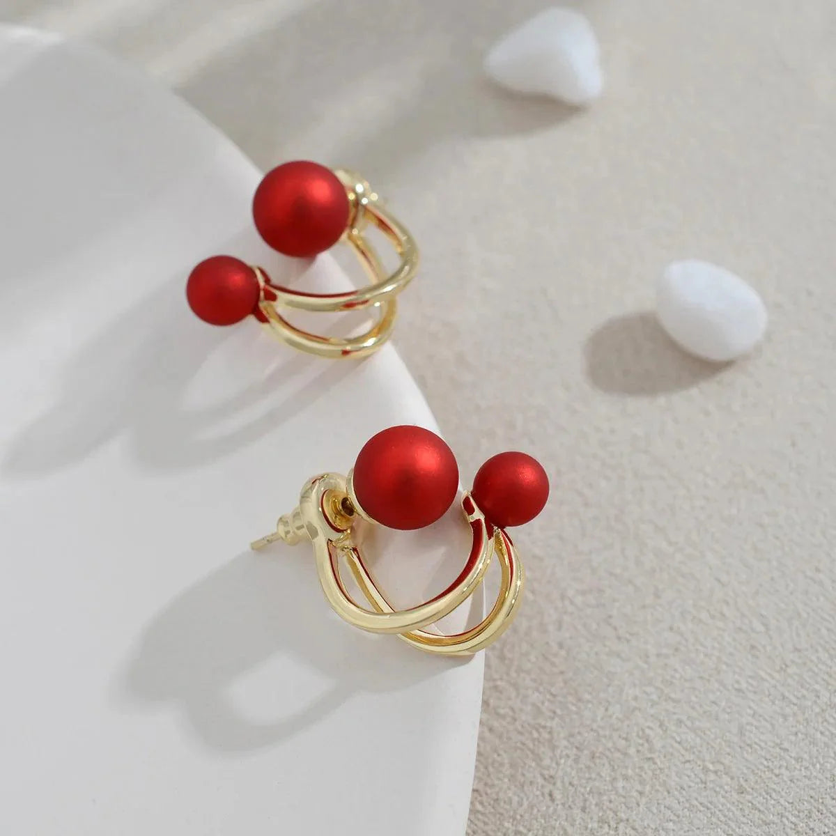 Red Pearl Multi Wearing Method Stud Earrings