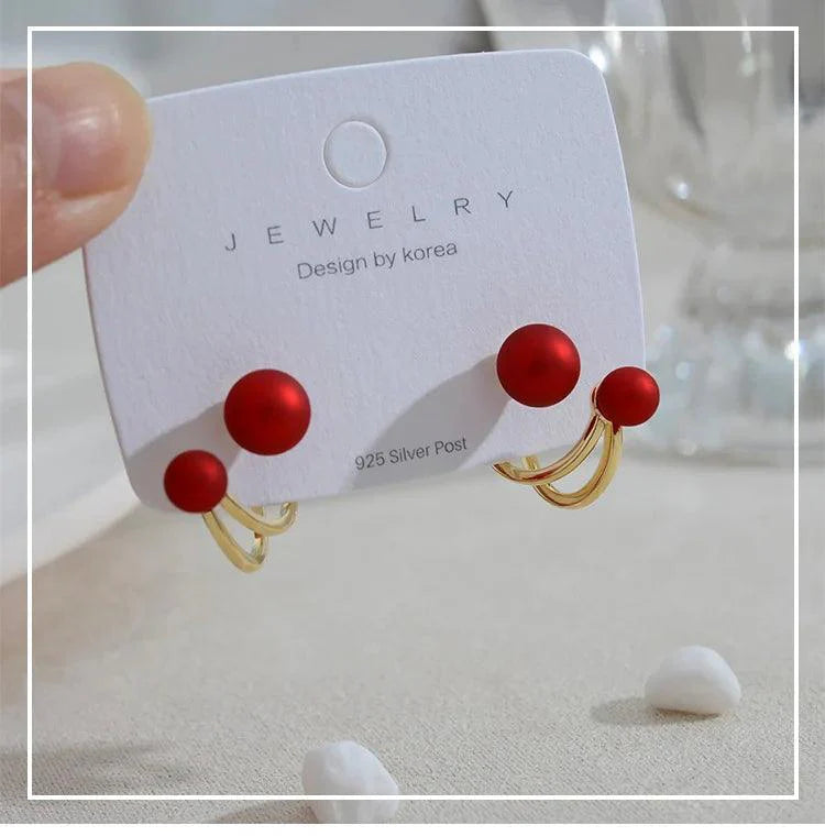 Red Pearl Multi Wearing Method Stud Earrings