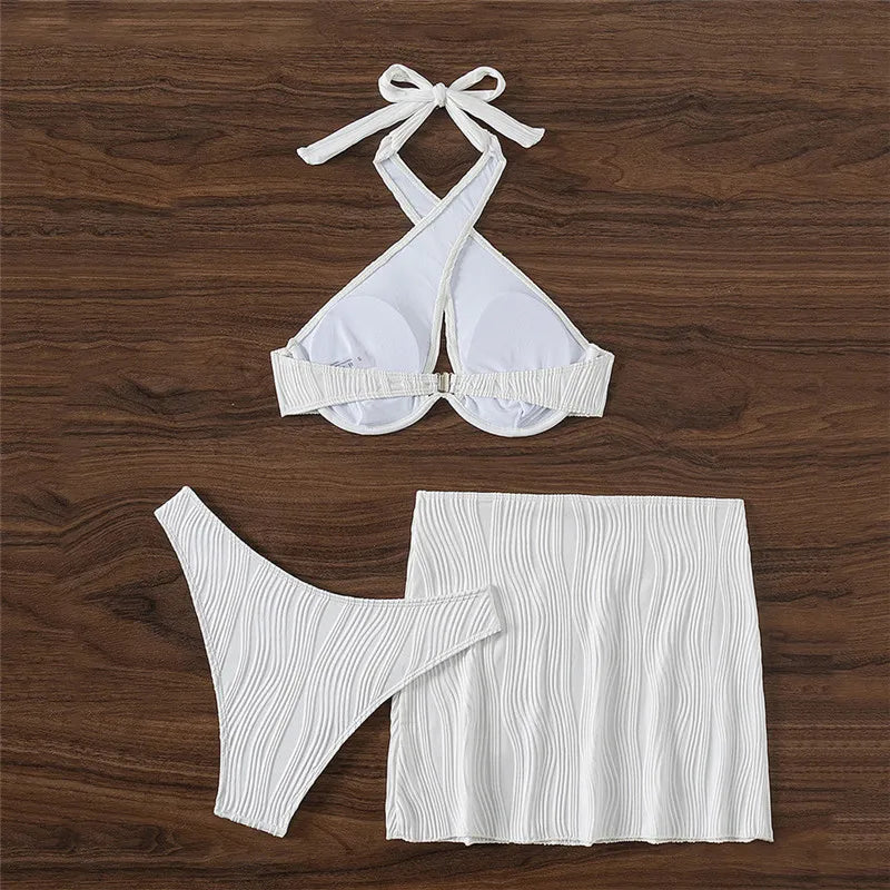 White Texture Swimsuit Cover Ups Halter Bikinis Hollow Out Swimwear Beach Wear Bathing Suit 3 Piece Bikini Set