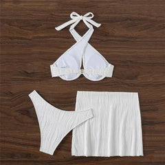 White Texture Swimsuit Cover Ups Halter Bikinis Hollow Out Swimwear Beach Wear Bathing Suit 3 Piece Bikini Set