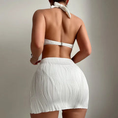 White Texture Swimsuit Cover Ups Halter Bikinis Hollow Out Swimwear Beach Wear Bathing Suit 3 Piece Bikini Set