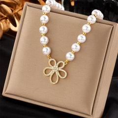 Stainless Steel Cutout Rhinestone Flower Pendant Necklace